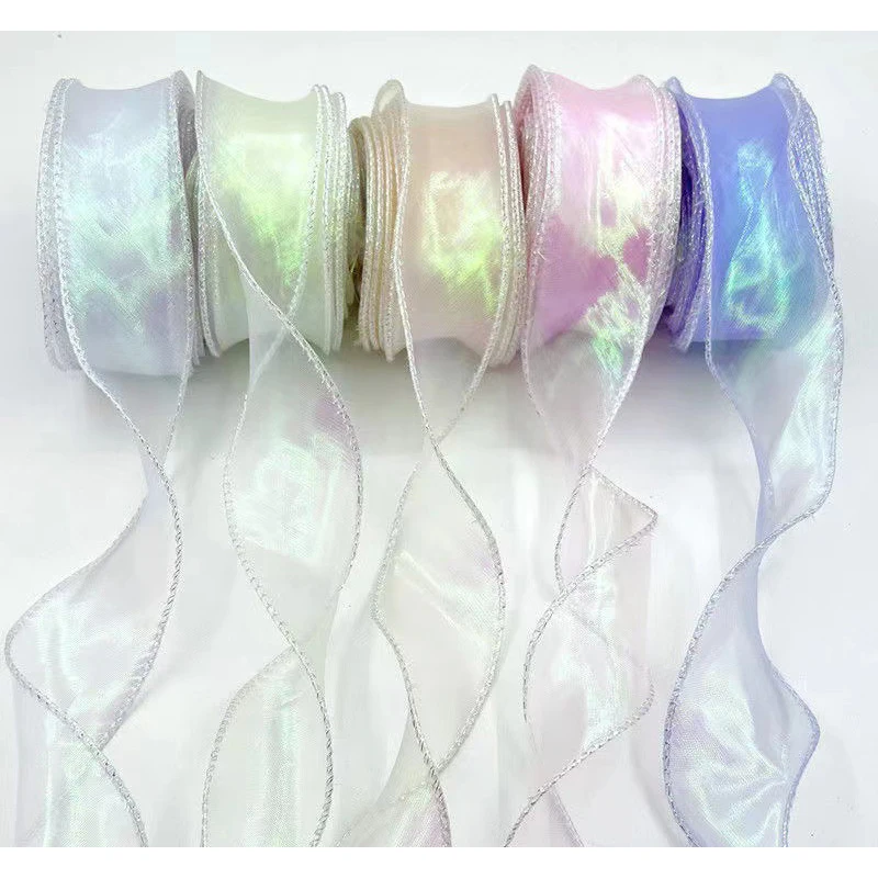 40mm 10Yards Fishtail Organza Ribbon Reflective Iridescent Wavy Edge Ribbon for Gift Wrapping DIY Bow Bouquet Voile Ribbons