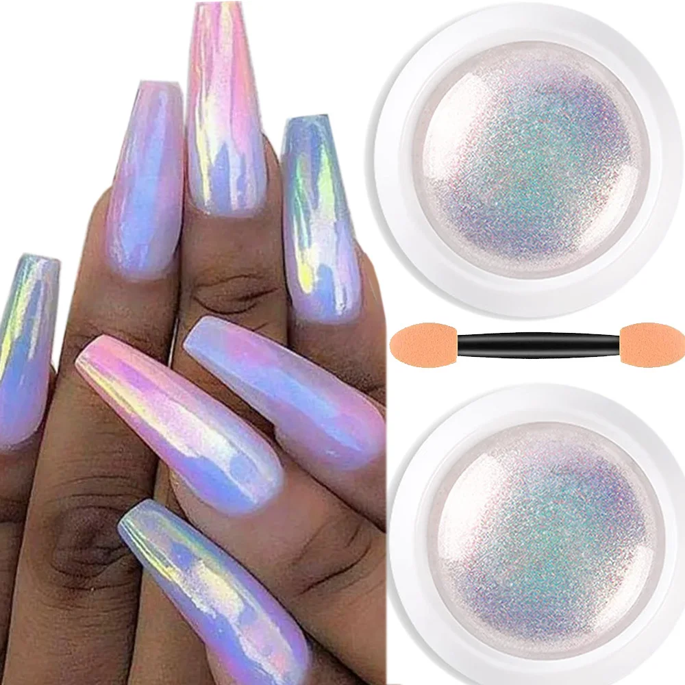 1/2PC Pearl White Mermaid Aurora Chrome Nail Powder Metallic Neon Rainbow Dust Nail Art Gel Polish Supplies Mirror Chrome Powder