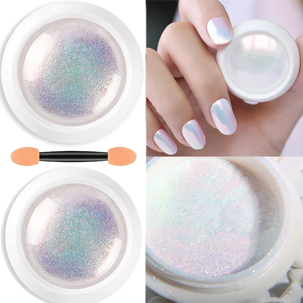 1/2PC Pearl White Mermaid Aurora Chrome Nail Powder Metallic Neon Rainbow Dust Nail Art Gel Polish Supplies Mirror Chrome Powder