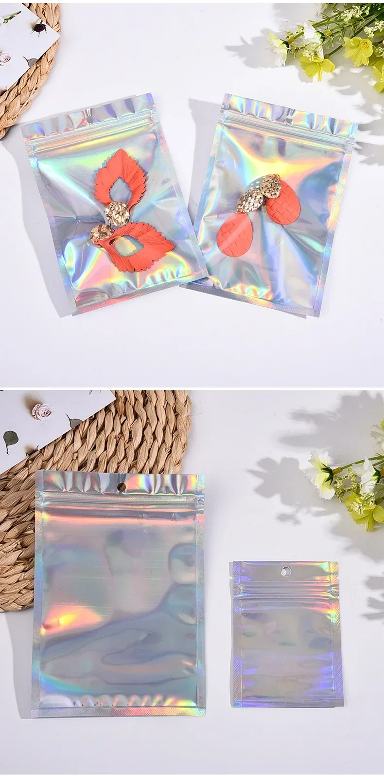 500PCS Laser Ziplock Bag Necklace Earrings Jewelry Gift Packing Bags Cell Phone Cases Colorful Packing Bags Kitchen Organizer