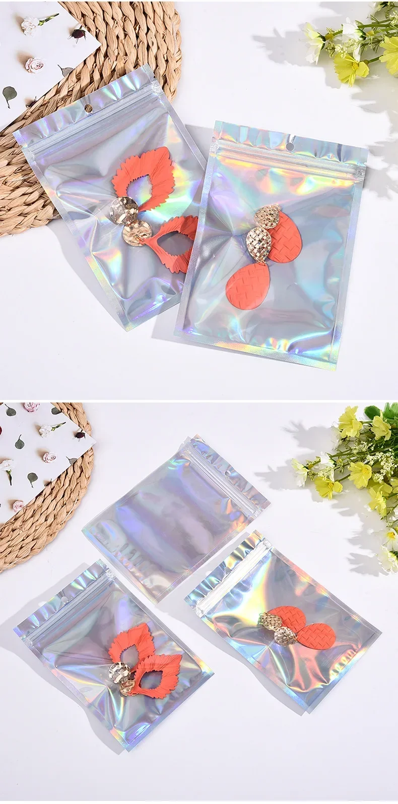 500PCS Laser Ziplock Bag Necklace Earrings Jewelry Gift Packing Bags Cell Phone Cases Colorful Packing Bags Kitchen Organizer