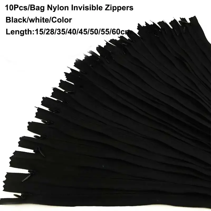 10Pcs Nylon Invisible Zippers 15-60cm(6Inch-24Inch) Black White Invisible Coil Zipper For Sewing Craft Garment Accessories