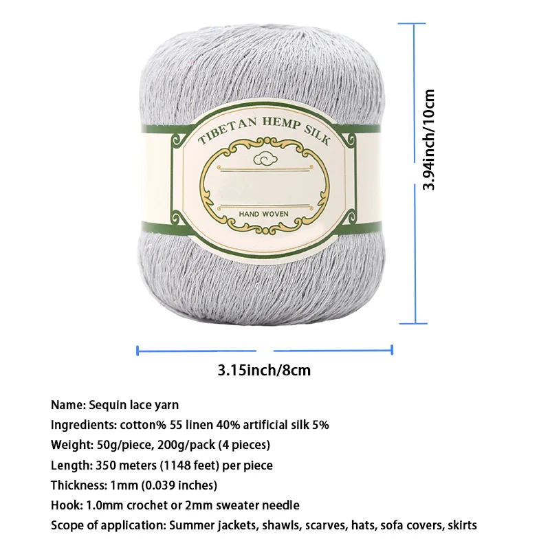 200g Cotton Linen Lace with Sequin Yarn, Cotton Linen Hand Woven Crochet Hollow Summer Shawl Hat Jacket Yarn Ball