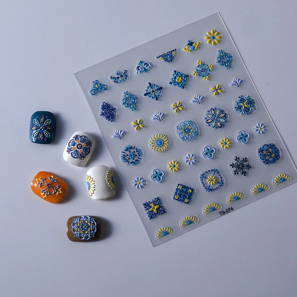 1PC Bohemia Nail Art Stickers 5D Bohemia Nail Sticker Decal Abstract Design Retro Blue Yellow Flower Self Adhesive Nail Supplies