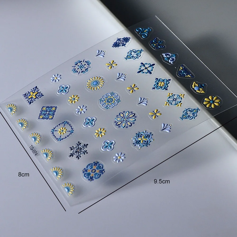 1PC Bohemia Nail Art Stickers 5D Bohemia Nail Sticker Decal Abstract Design Retro Blue Yellow Flower Self Adhesive Nail Supplies