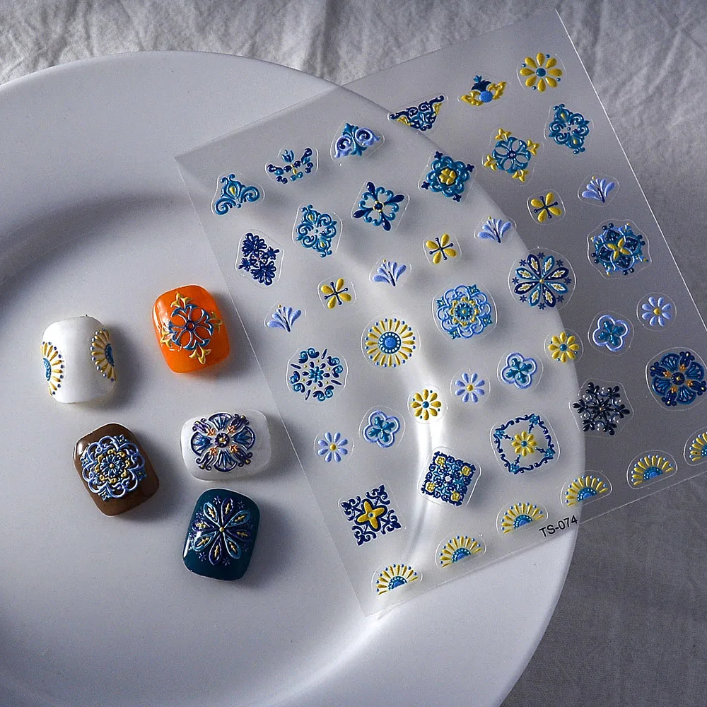 1PC Bohemia Nail Art Stickers 5D Bohemia Nail Sticker Decal Abstract Design Retro Blue Yellow Flower Self Adhesive Nail Supplies