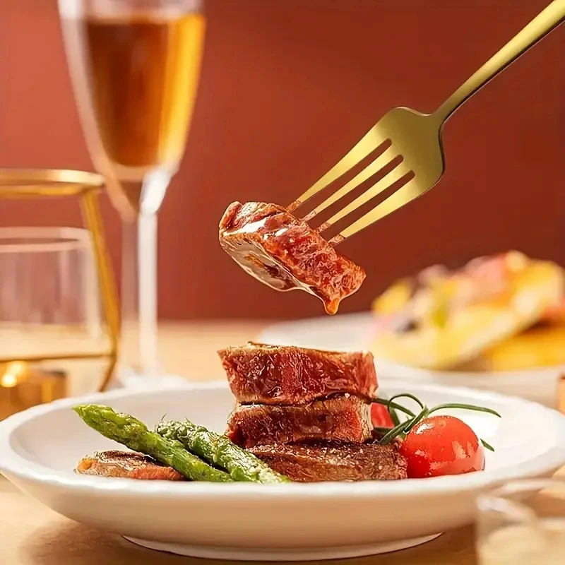 8/12/16pcs Stainless Steel Gold Tableware Dinner Fork Fruit Fork Steak Fork Salad Fork Suitable for Restaurant or Banquet