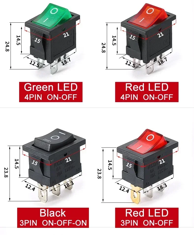 10/100Pcs KCD1 2/3/4Pin 15*21mm ON-OFF Boat Car Rocker Switch 6A 250V AC,10A 125V AC Power Switch With Red Green Light Switch
