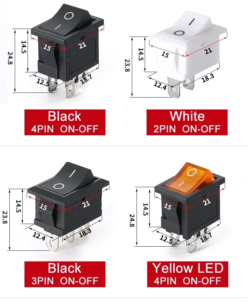 10/100Pcs KCD1 2/3/4Pin 15*21mm ON-OFF Boat Car Rocker Switch 6A 250V AC,10A 125V AC Power Switch With Red Green Light Switch