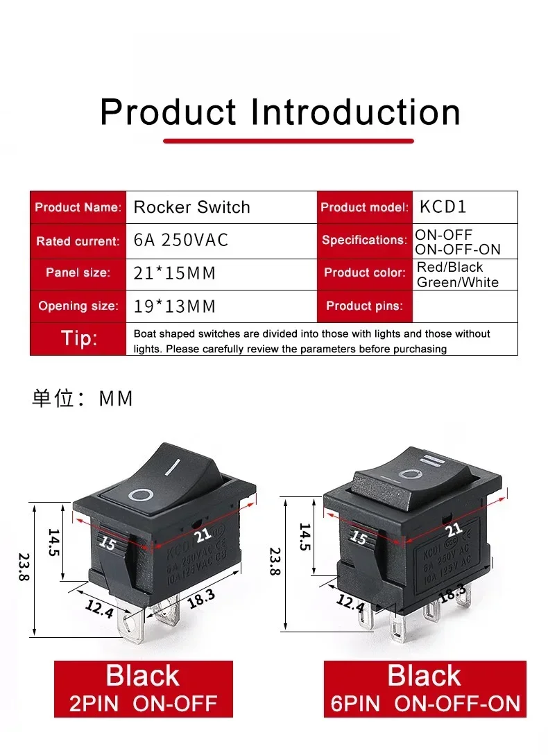 10/100Pcs KCD1 2/3/4Pin 15*21mm ON-OFF Boat Car Rocker Switch 6A 250V AC,10A 125V AC Power Switch With Red Green Light Switch