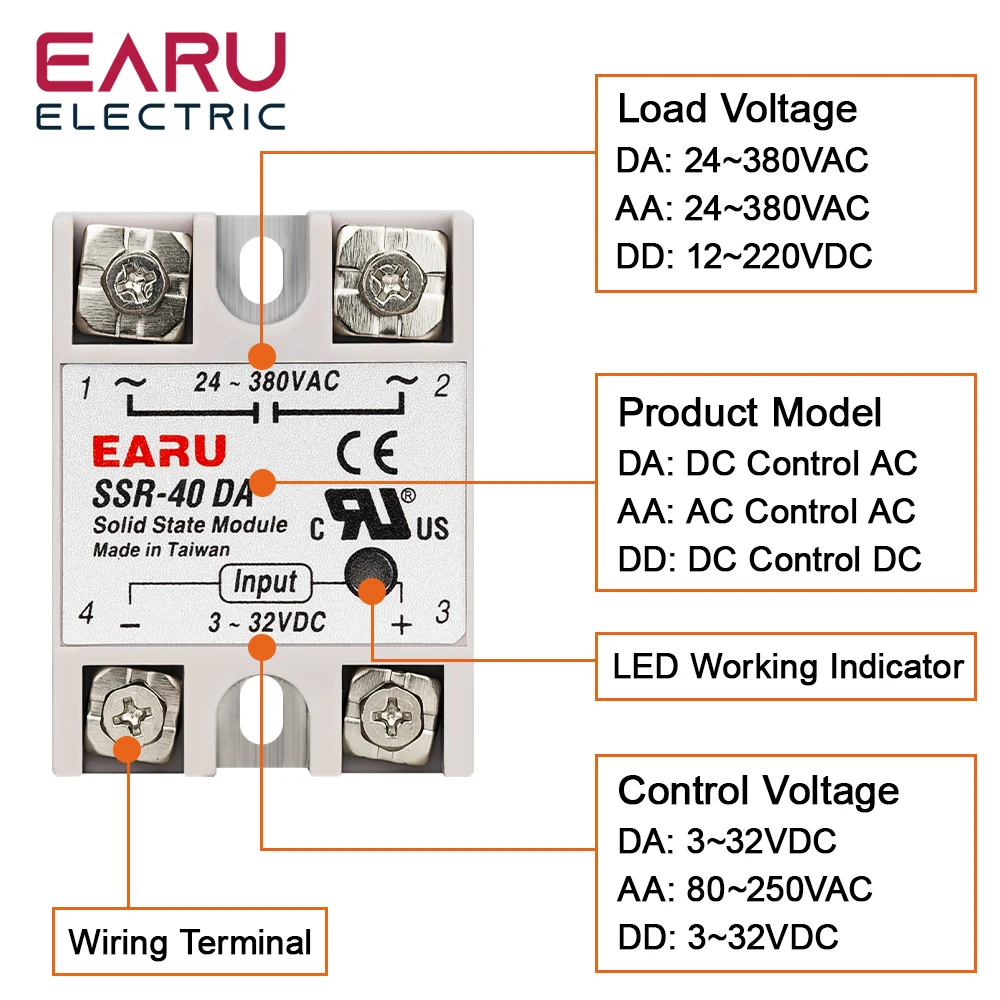 EARU Solid State Relay Single Phase SSR-25DA SSR-40DA SSR-40AA SSR-40DD SSR 10/25/40/60/80/100A DD DA AA PID Temperature Control