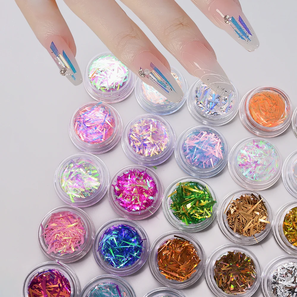 1 Jar Glass Effect Line Nail Sticker Sparkly Irregular Aurora Glass-Paper Nail Art Sequins Laser Iridescent Cellophane Glitter