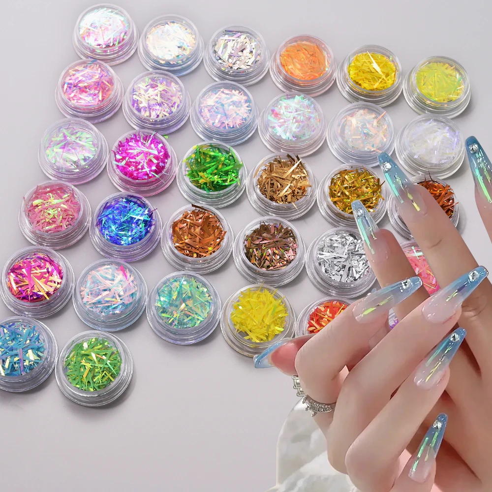 1 Jar Glass Effect Line Nail Sticker Sparkly Irregular Aurora Glass-Paper Nail Art Sequins Laser Iridescent Cellophane Glitter