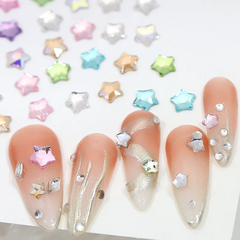 50PCS Super Sparkle Colorful Five-Pointed Stars Flatback Diamonds Nail Art Rhinestones Gem Manicure Flatback Charms Accessories