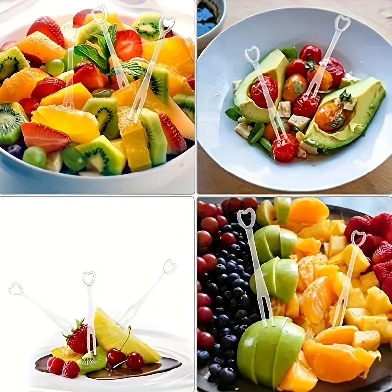 100/300pcs Elegant Heart-Shaped Disposable Forks for Party BBQ Sticks Picks Skewer Set Household Plastic Food Cake Fruit Fork