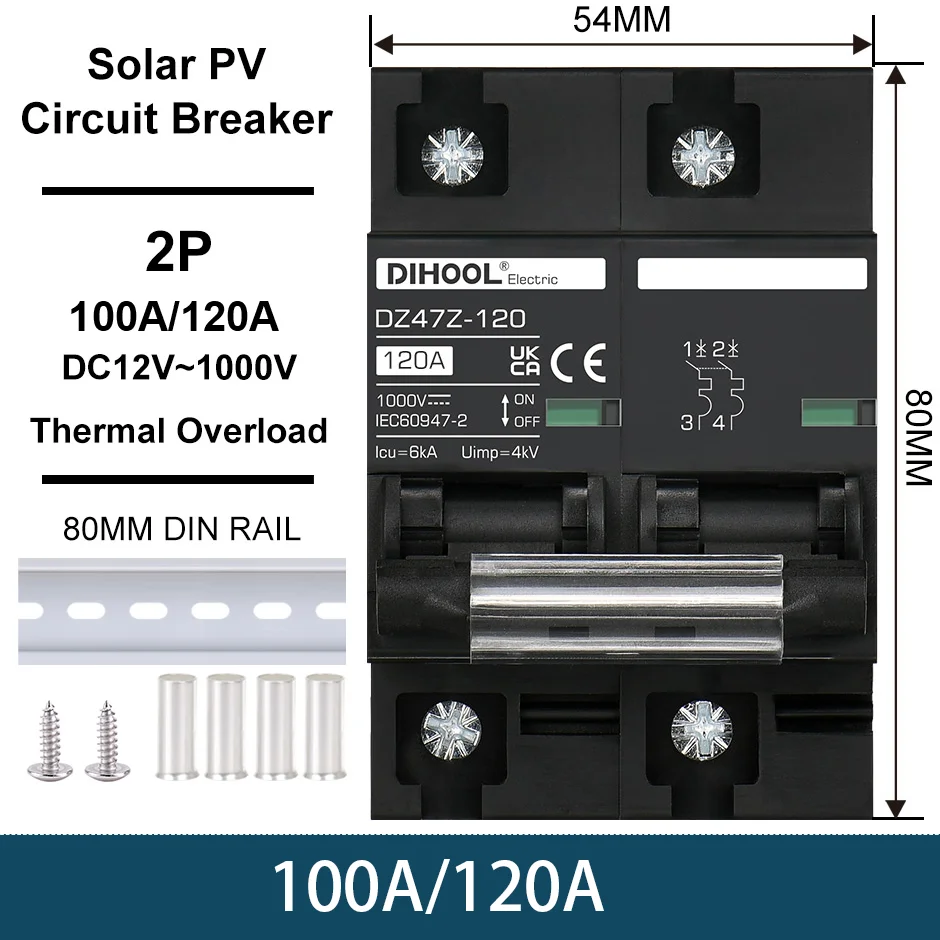 DC1000V MCB Solar DC Circuit Breaker Overload Protection Disconnect Switch 100A 120A 20A 25A 30A 40A 50A 60A Battery Protector