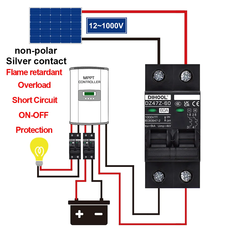 DC1000V MCB Solar DC Circuit Breaker Overload Protection Disconnect Switch 100A 120A 20A 25A 30A 40A 50A 60A Battery Protector