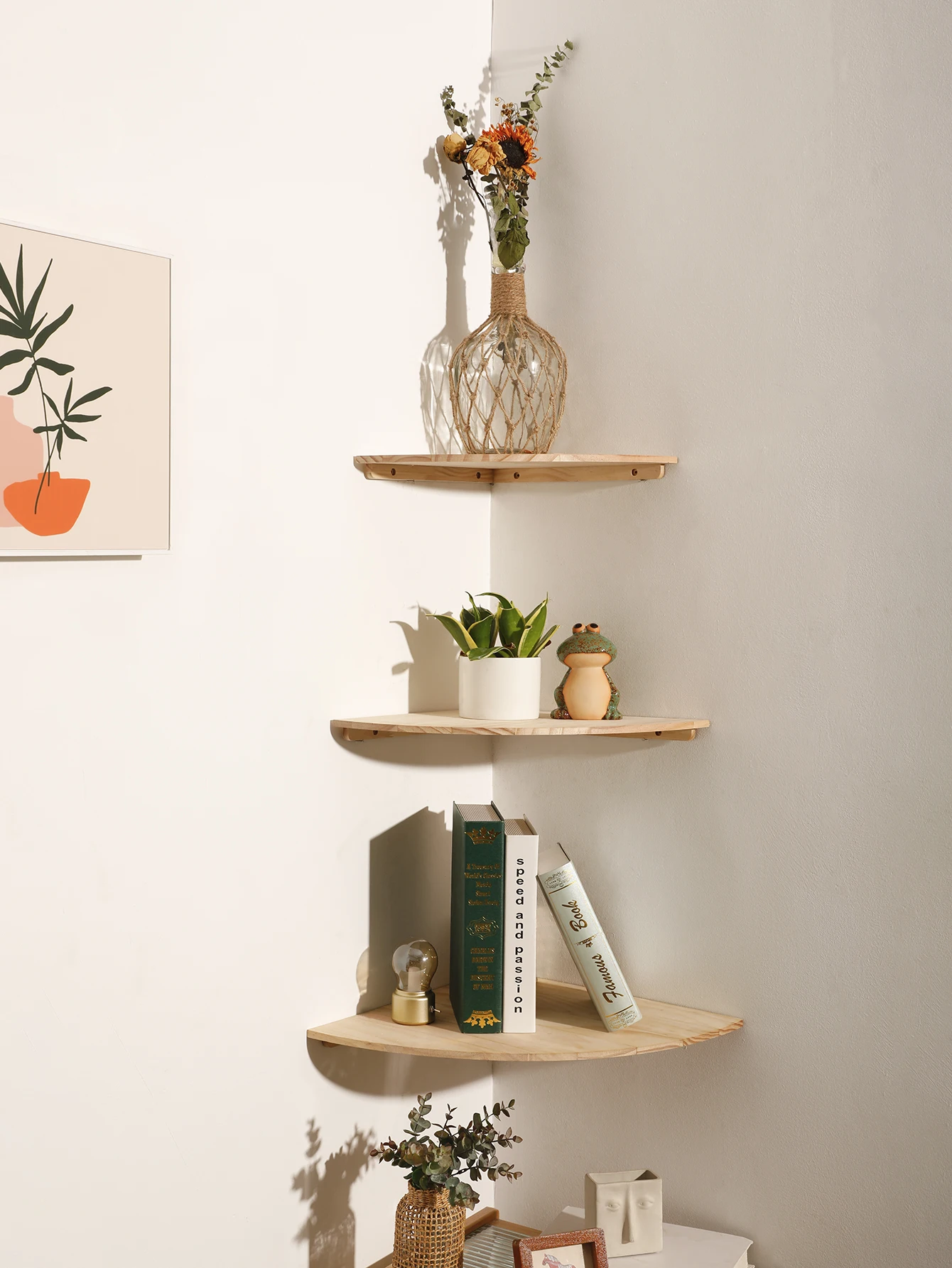 Scalloped Corner Shelves Floating Wall Shelf Storage Rack Wooden Wall Decor Bedroom Living Room Kitchen Home Decorations Ledge