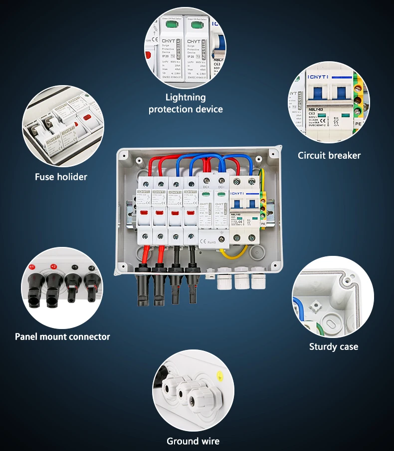 Solar Photovoltaic PV Combiner Box With Lightning Protection 2 Input 1 out DC 600V Fuse MCB SPD Waterproof Box IP65 Wholesale