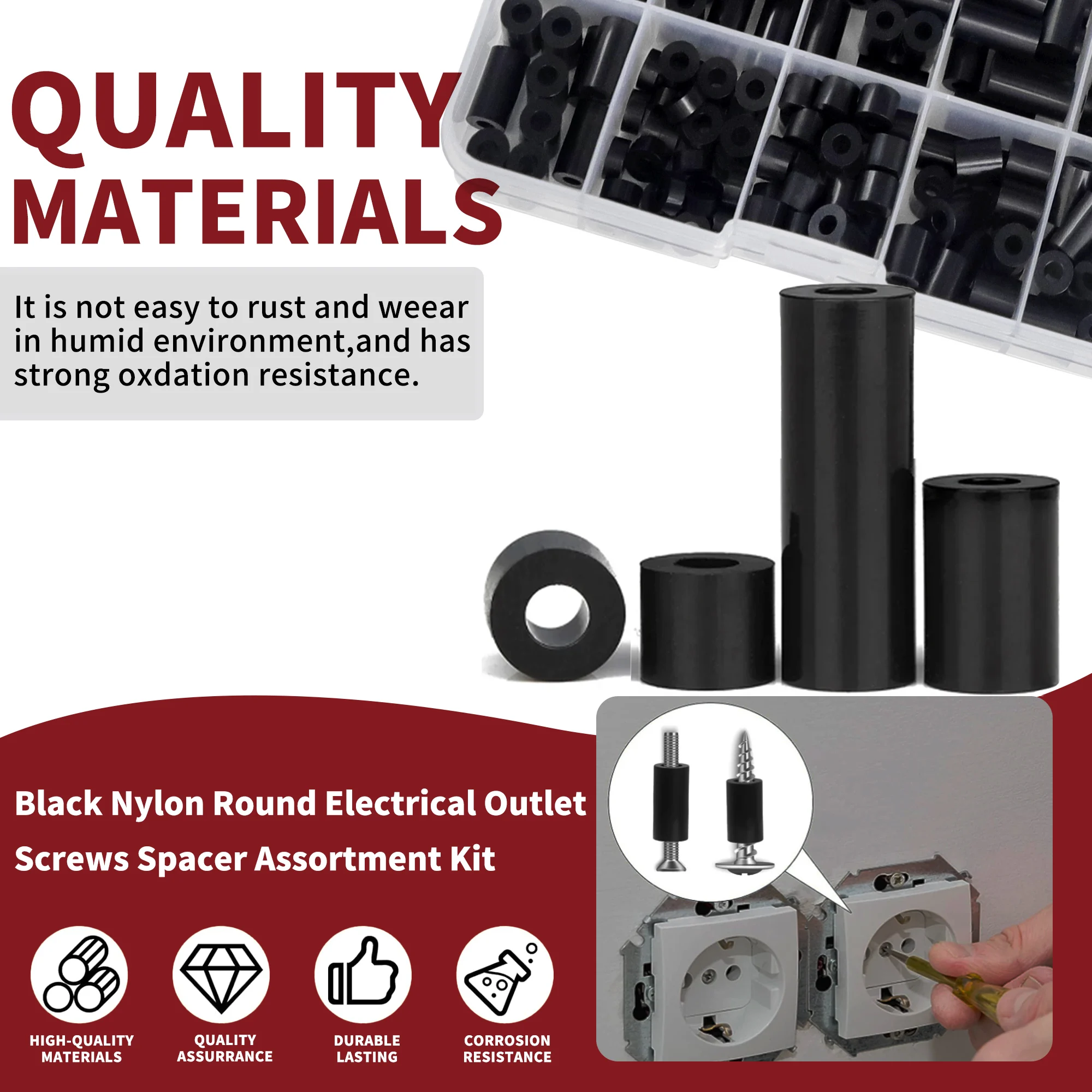 165pcs Black Nylon Round Spacer Assortment Kit, Electrical Outlet Screws Spacers, Plastic Spacers Without Threaded, Switch and R