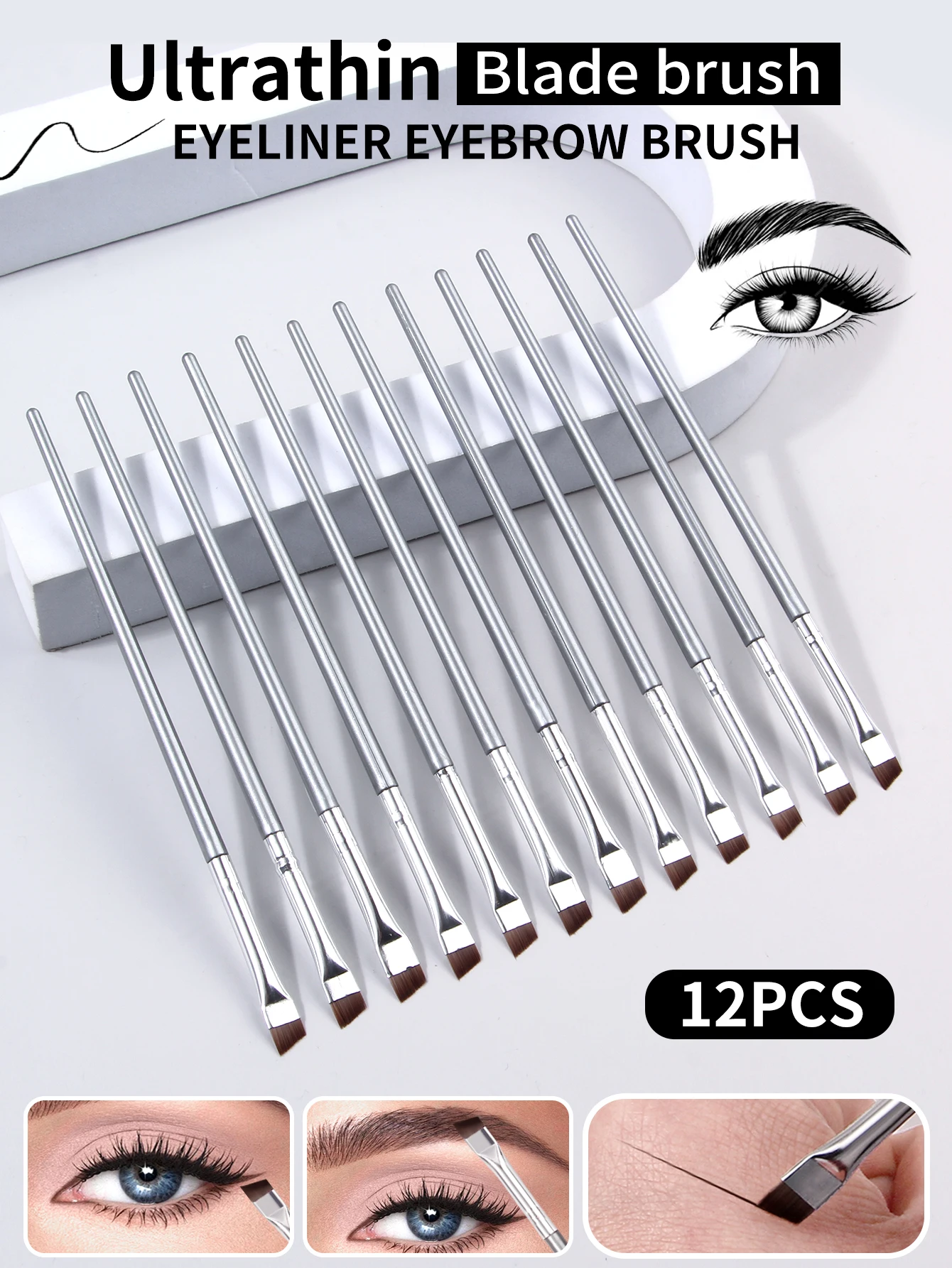 12pcs Silvery Super Thin Blade Eyeliner Brush & Soft Makeup Brush Set, Portable Eyebrow Brush & Multipurpose Cosmetic Tool