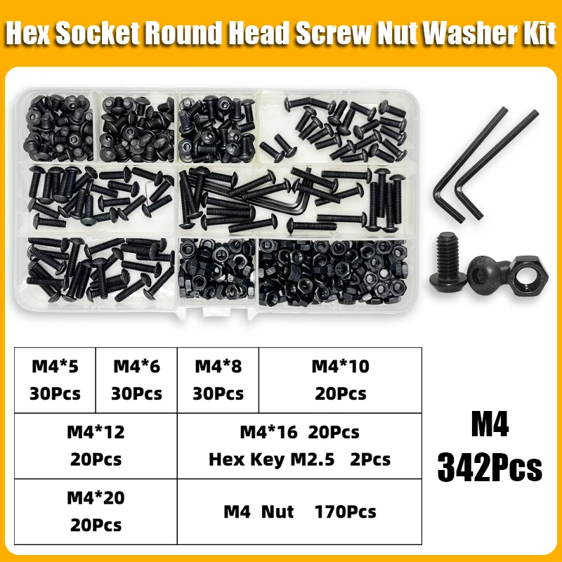 2510p Round Hex Cap Screw Kit M2 M2.5 M3 M4 M5 M6 10.9 Grade Black Socket Button Head Allen Drive Screws Bolt and Nut and Washer