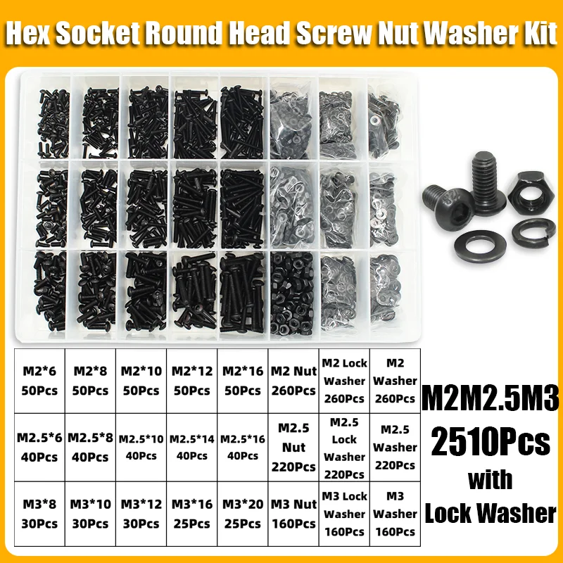 2510p Round Hex Cap Screw Kit M2 M2.5 M3 M4 M5 M6 10.9 Grade Black Socket Button Head Allen Drive Screws Bolt and Nut and Washer