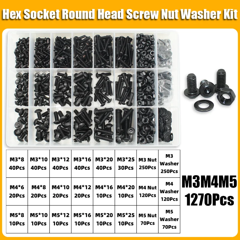 2510p Round Hex Cap Screw Kit M2 M2.5 M3 M4 M5 M6 10.9 Grade Black Socket Button Head Allen Drive Screws Bolt and Nut and Washer