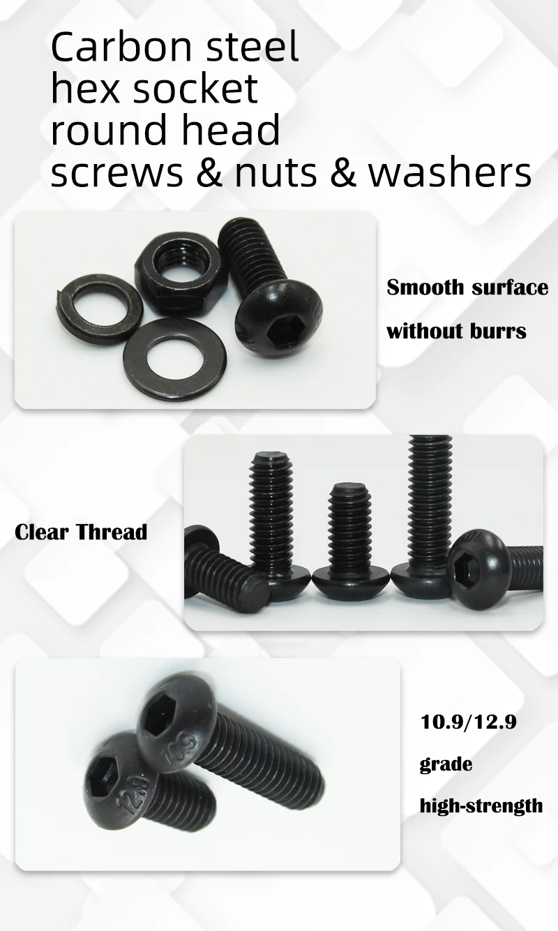 2510p Round Hex Cap Screw Kit M2 M2.5 M3 M4 M5 M6 10.9 Grade Black Socket Button Head Allen Drive Screws Bolt and Nut and Washer