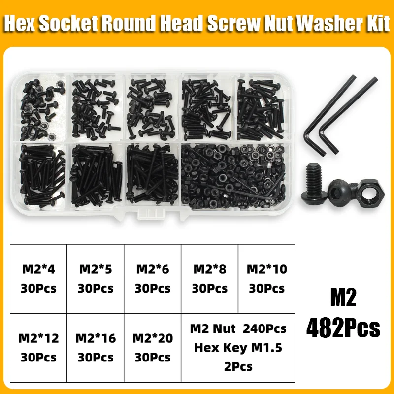 2510p Round Hex Cap Screw Kit M2 M2.5 M3 M4 M5 M6 10.9 Grade Black Socket Button Head Allen Drive Screws Bolt and Nut and Washer