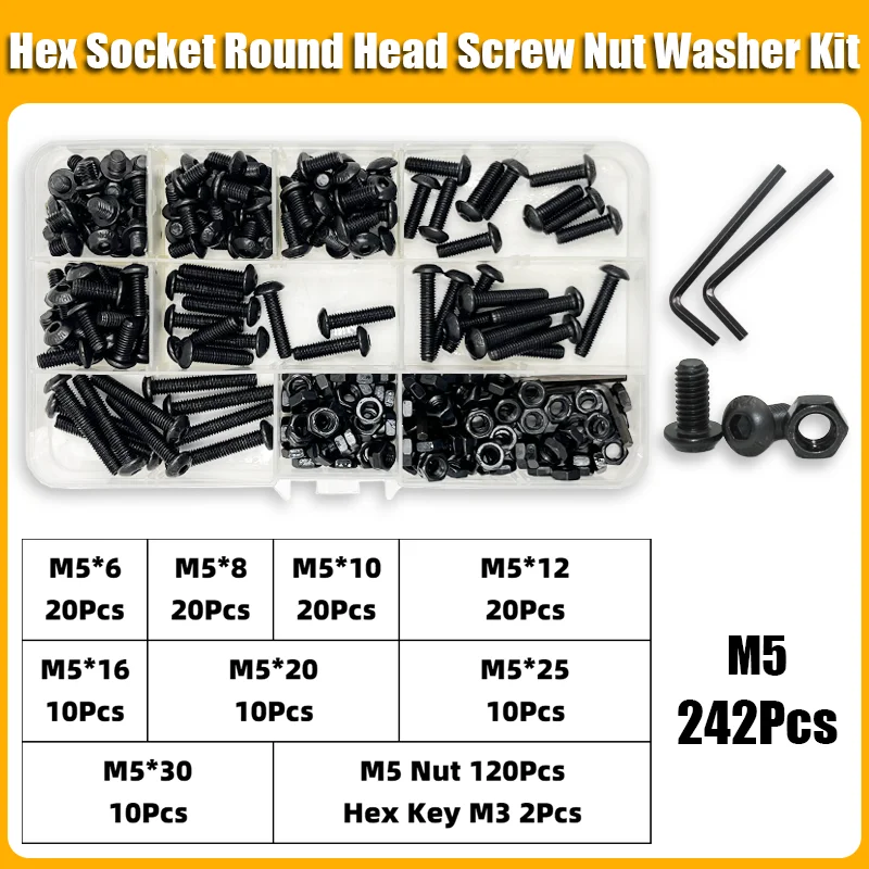 2510p Round Hex Cap Screw Kit M2 M2.5 M3 M4 M5 M6 10.9 Grade Black Socket Button Head Allen Drive Screws Bolt and Nut and Washer