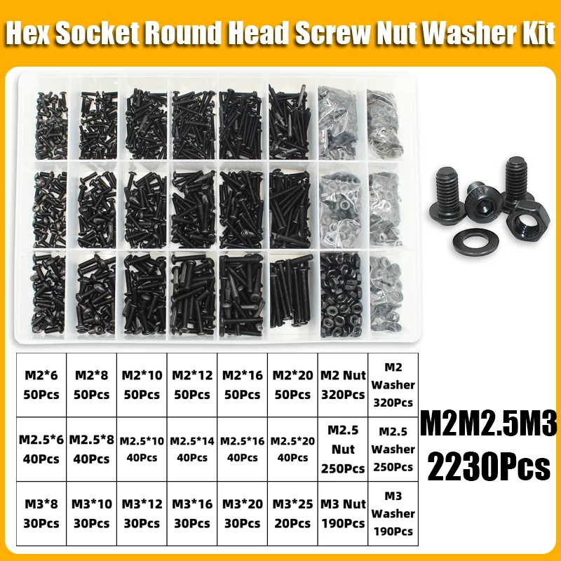 2510p Round Hex Cap Screw Kit M2 M2.5 M3 M4 M5 M6 10.9 Grade Black Socket Button Head Allen Drive Screws Bolt and Nut and Washer