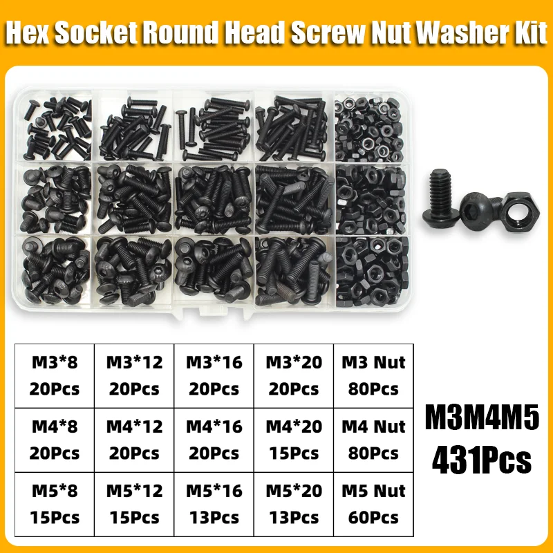 2510p Round Hex Cap Screw Kit M2 M2.5 M3 M4 M5 M6 10.9 Grade Black Socket Button Head Allen Drive Screws Bolt and Nut and Washer