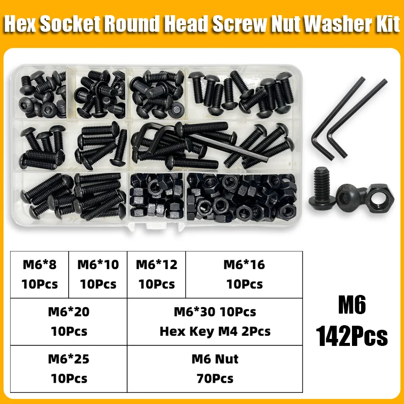 2510p Round Hex Cap Screw Kit M2 M2.5 M3 M4 M5 M6 10.9 Grade Black Socket Button Head Allen Drive Screws Bolt and Nut and Washer