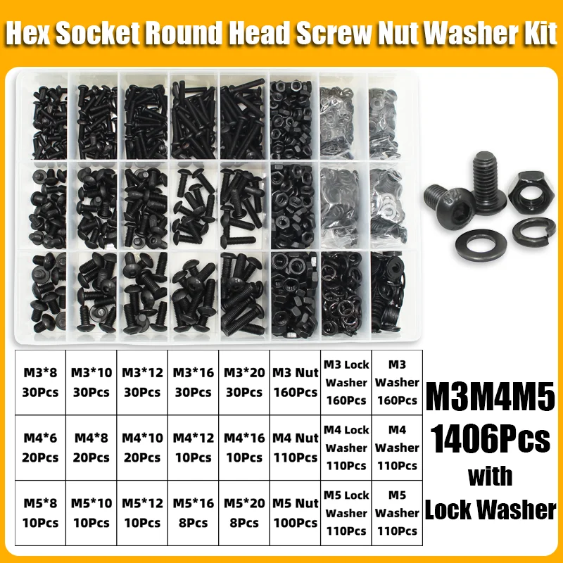 2510p Round Hex Cap Screw Kit M2 M2.5 M3 M4 M5 M6 10.9 Grade Black Socket Button Head Allen Drive Screws Bolt and Nut and Washer