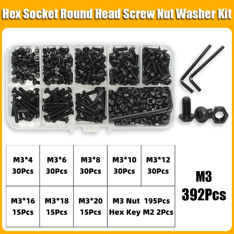 2510p Round Hex Cap Screw Kit M2 M2.5 M3 M4 M5 M6 10.9 Grade Black Socket Button Head Allen Drive Screws Bolt and Nut and Washer