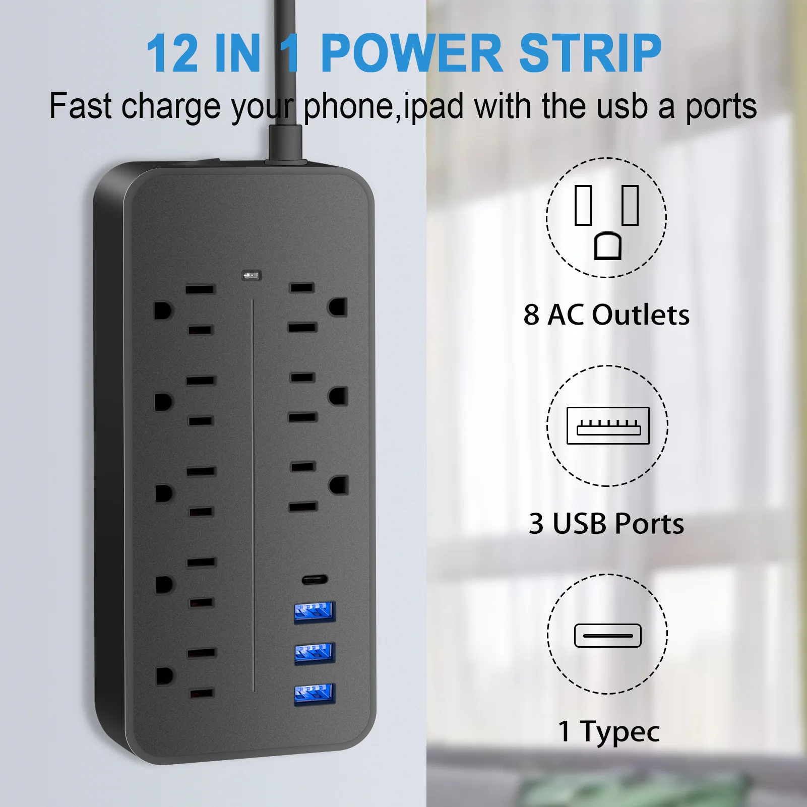 Power Strip US Plug AC Outlets Multitap Electrical Socket Extension Cord With USB C Ports Fast Charging Network Filter Adapter