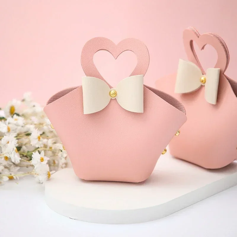 10PCS Distribute Leather Pink Gift Bags Wedding Favour Bag for Guest Mini Handbag with Ribbon Candy Packaging Box Party Decor