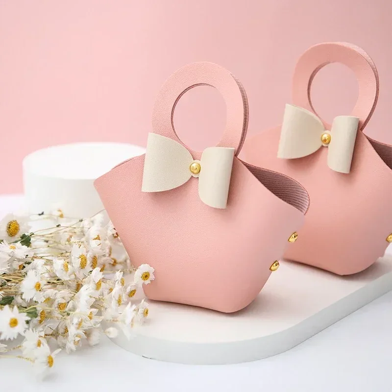 10PCS Distribute Leather Pink Gift Bags Wedding Favour Bag for Guest Mini Handbag with Ribbon Candy Packaging Box Party Decor