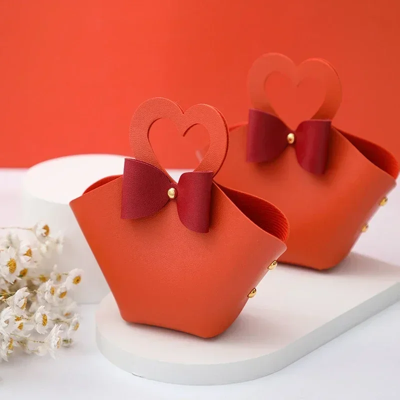 10PCS Distribute Leather Pink Gift Bags Wedding Favour Bag for Guest Mini Handbag with Ribbon Candy Packaging Box Party Decor