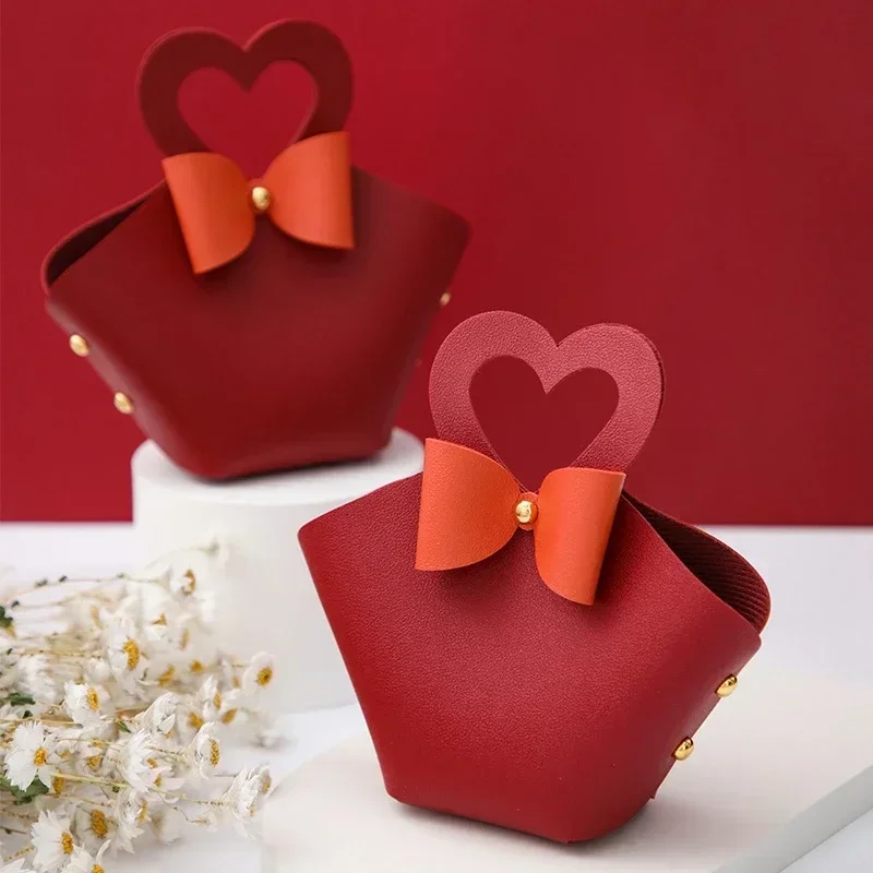 10PCS Distribute Leather Pink Gift Bags Wedding Favour Bag for Guest Mini Handbag with Ribbon Candy Packaging Box Party Decor