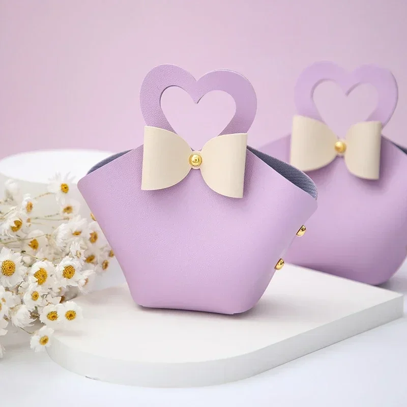 10PCS Distribute Leather Pink Gift Bags Wedding Favour Bag for Guest Mini Handbag with Ribbon Candy Packaging Box Party Decor