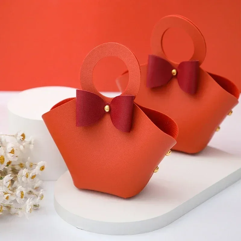 10PCS Distribute Leather Pink Gift Bags Wedding Favour Bag for Guest Mini Handbag with Ribbon Candy Packaging Box Party Decor