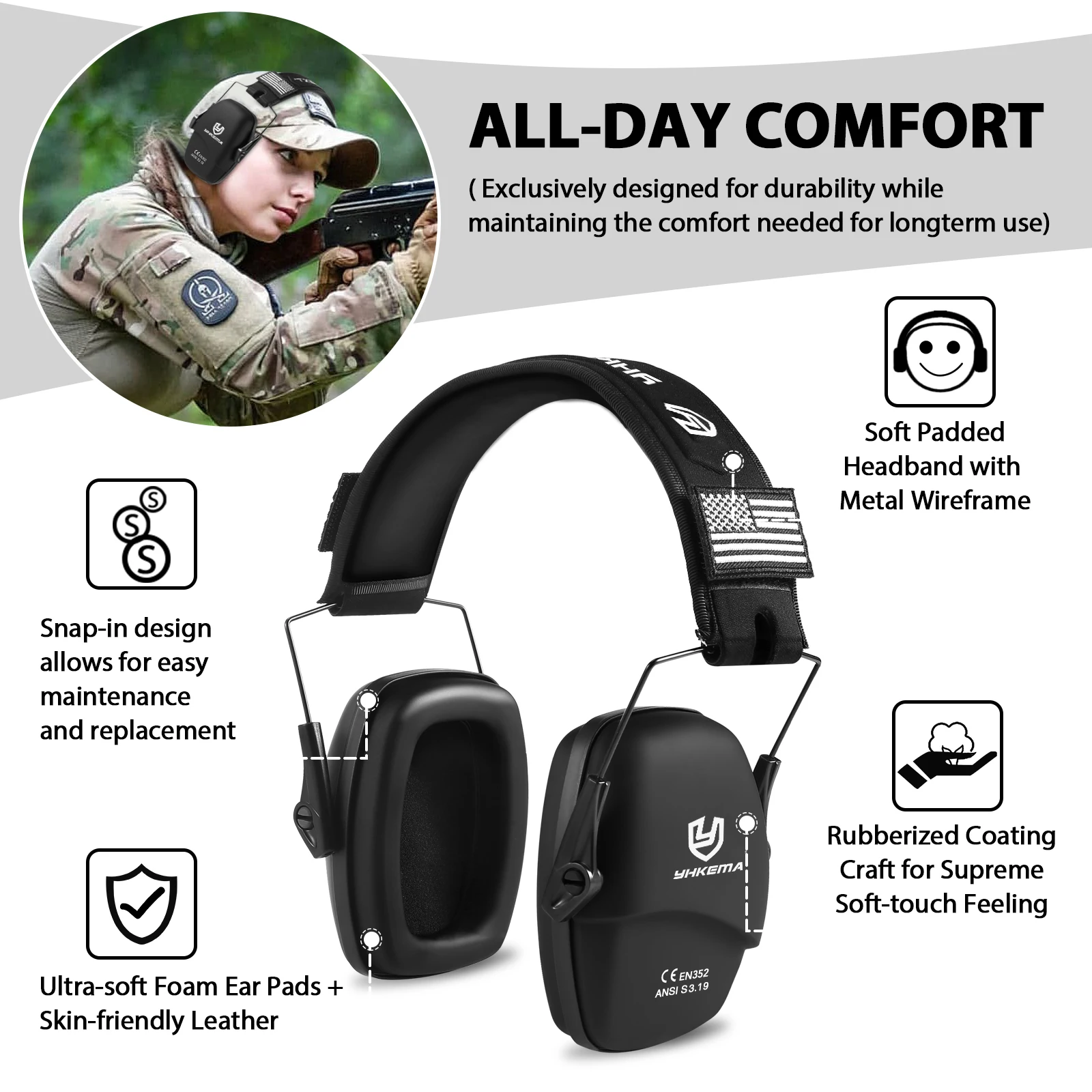 YHKEMA Tactical Headset Ear Protection Shooting Headphones for Hunting Hearing Earmuff Noise Reduction Earmuffs Silicone