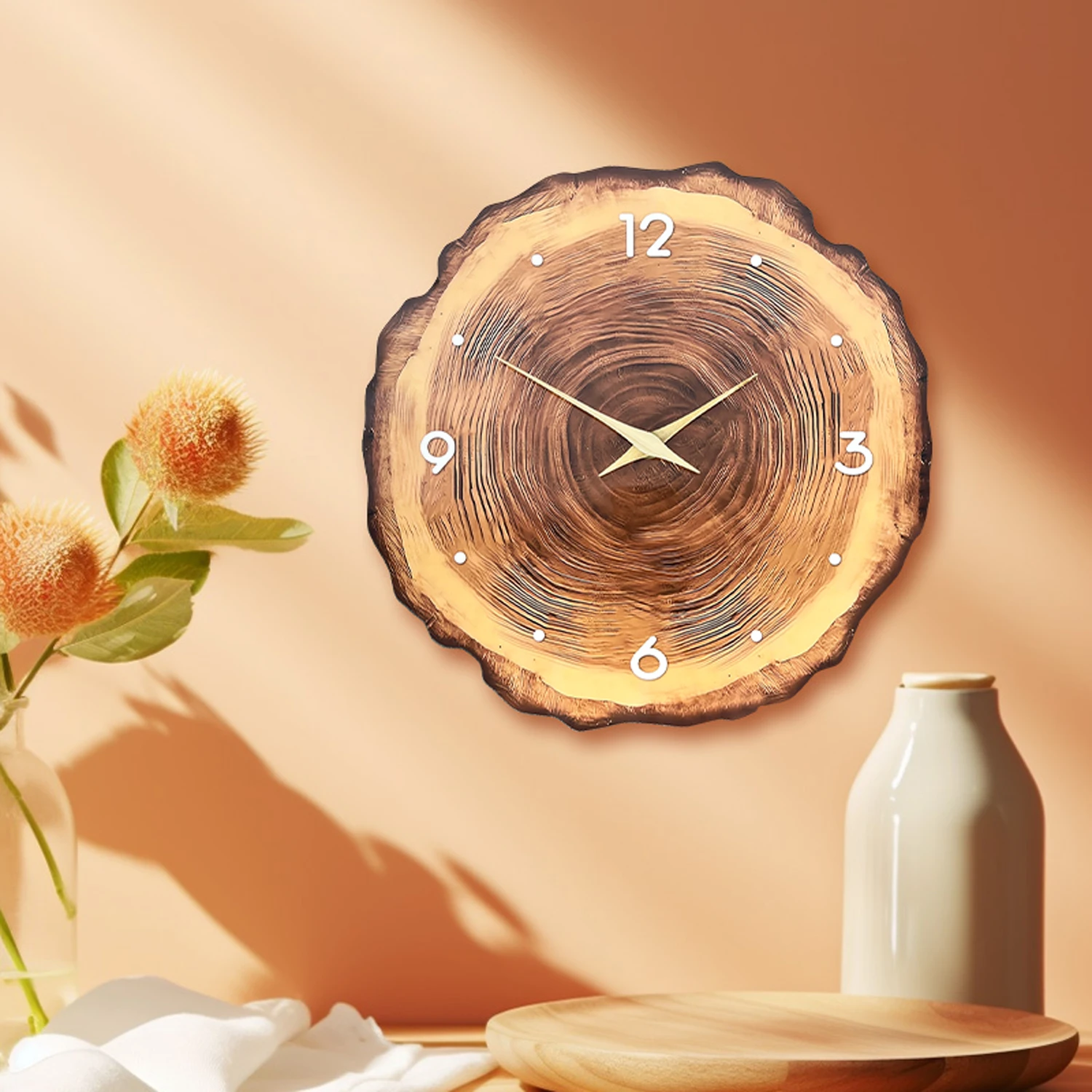 1pc wooden ring veneer wall clock, flat wood cross section texture pattern solid wood pointer design wall clock, silent clock