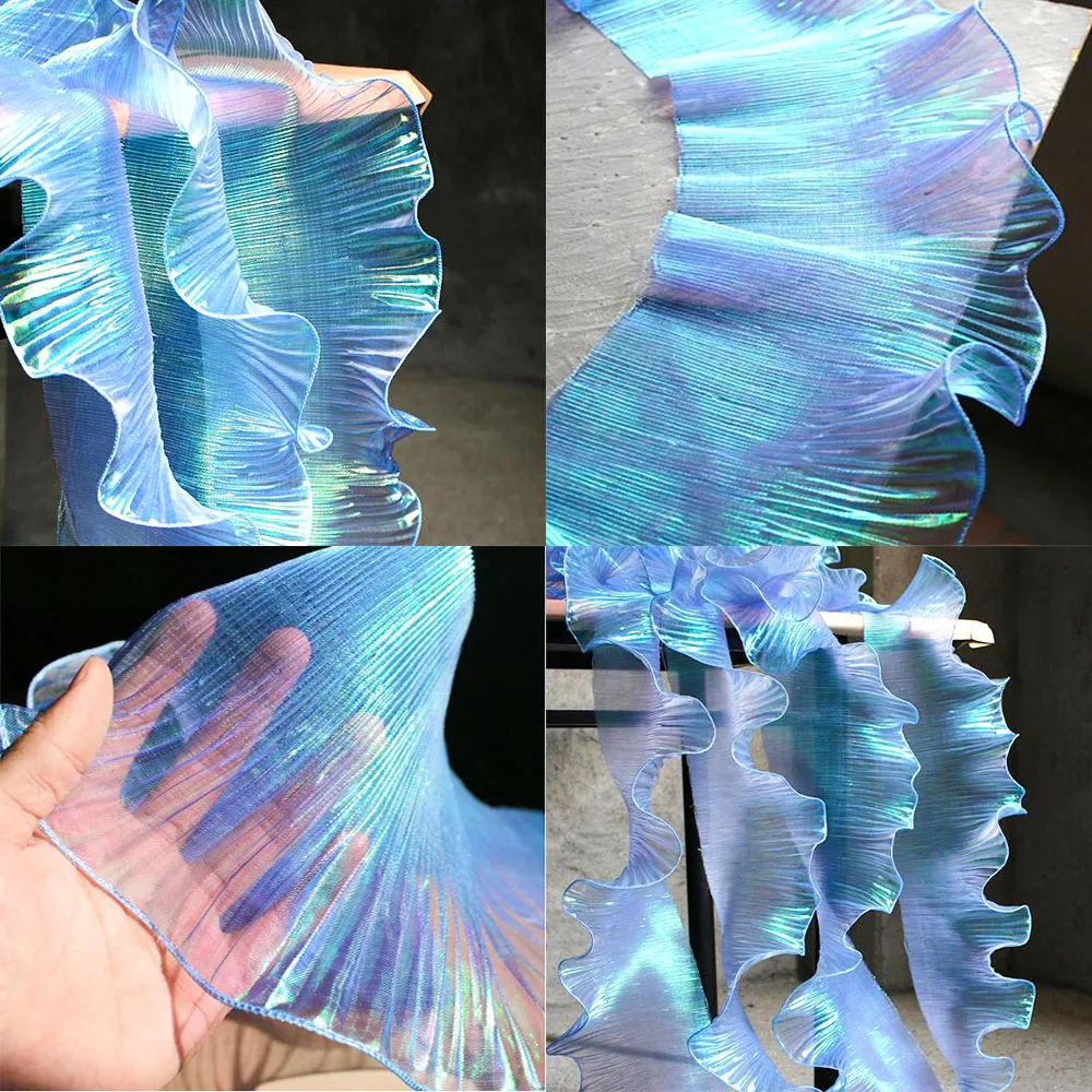 Lace Trim Organza Fabric Mermaid Ruffled Transparent Iridescent Laser Pleated for Patchwork Skirts Wedding Sewing Costume Supply
