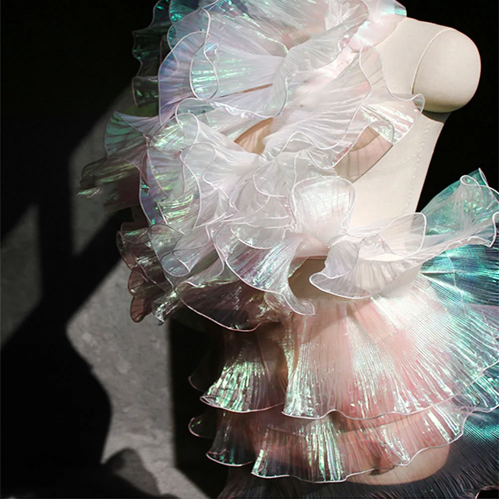 Lace Trim Organza Fabric Mermaid Ruffled Transparent Iridescent Laser Pleated for Patchwork Skirts Wedding Sewing Costume Supply
