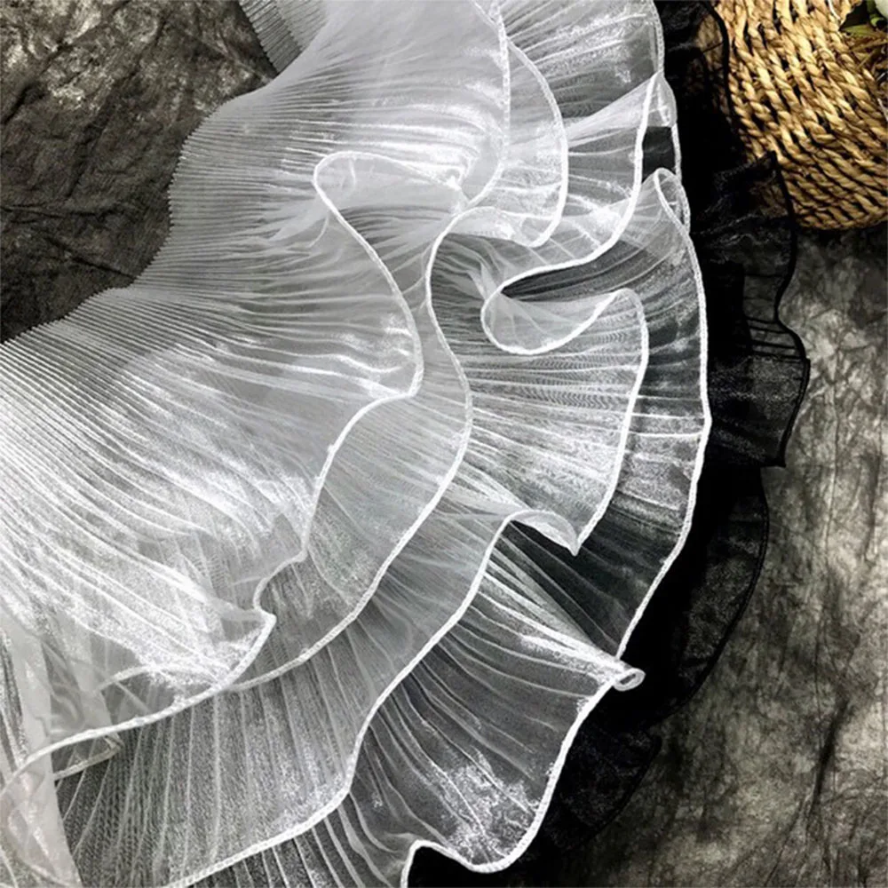 Lace Trim Organza Fabric Mermaid Ruffled Transparent Iridescent Laser Pleated for Patchwork Skirts Wedding Sewing Costume Supply