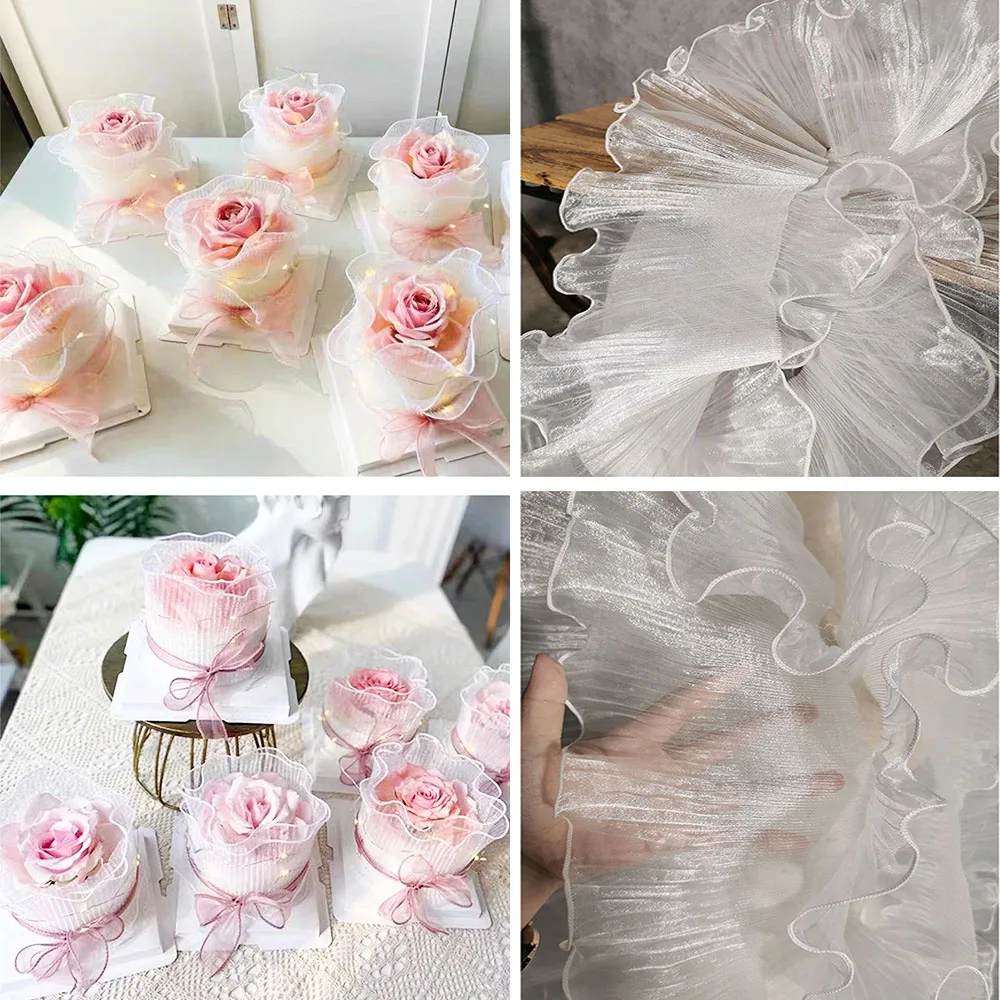 Lace Trim Organza Fabric Mermaid Ruffled Transparent Iridescent Laser Pleated for Patchwork Skirts Wedding Sewing Costume Supply
