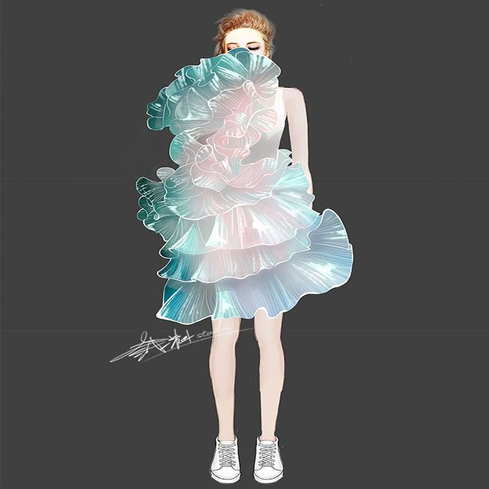Lace Trim Organza Fabric Mermaid Ruffled Transparent Iridescent Laser Pleated for Patchwork Skirts Wedding Sewing Costume Supply